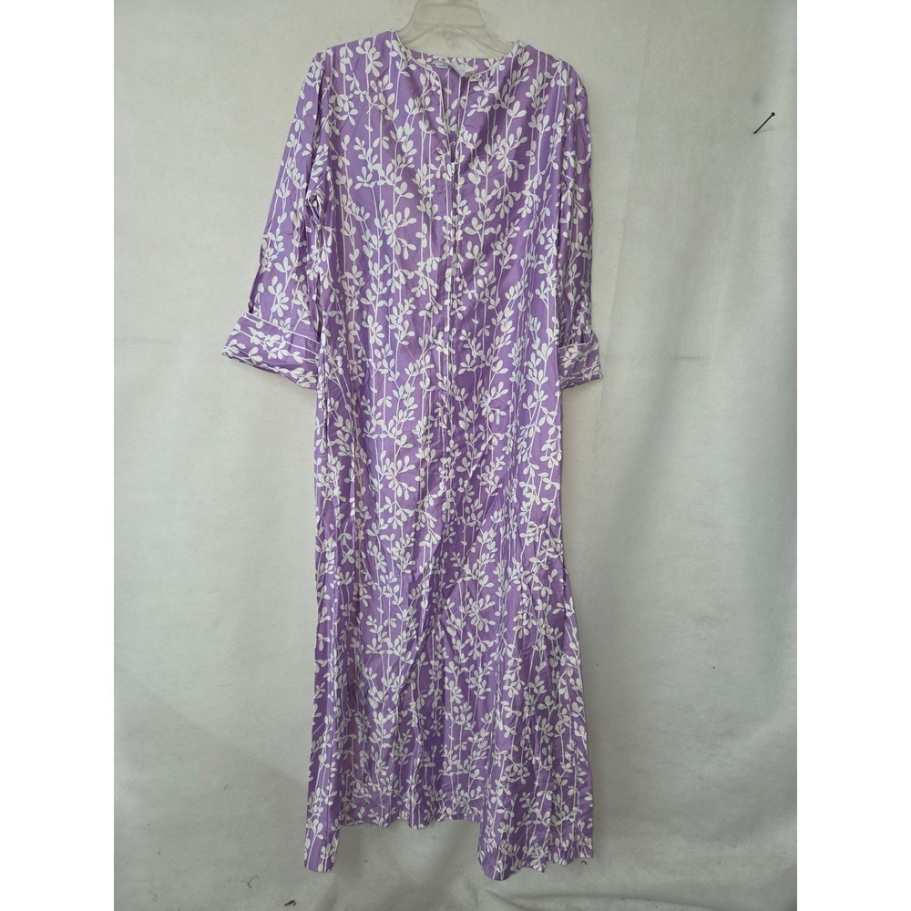 Sears At HomeWear Maxi Robe Womens Medium Purple Floral Cotton Zip Front 1545